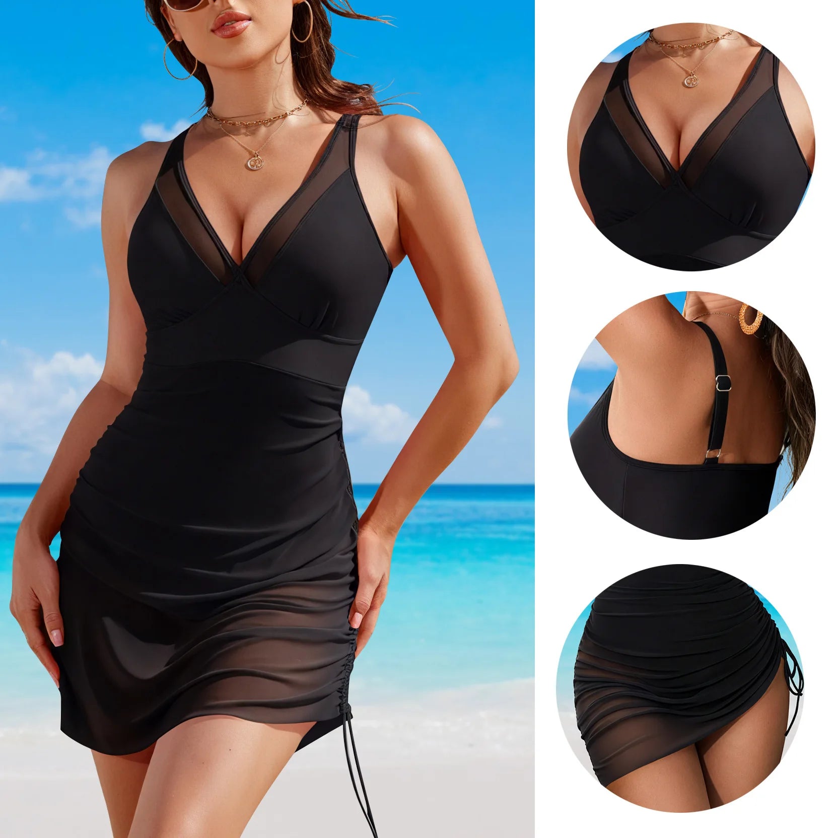 Women's One-Piece Swimsuit Summer Swimwear Women's Skirt-style Bikini Set - Sexy Deep V Two-piece with Mesh
