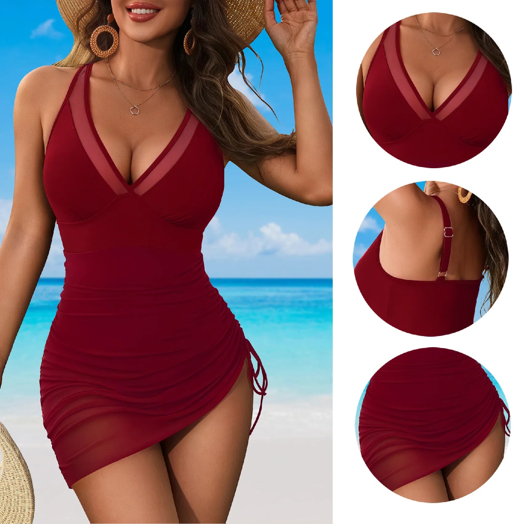 Women's One-Piece Swimsuit Summer Swimwear Women's Skirt-style Bikini Set - Sexy Deep V Two-piece with Mesh