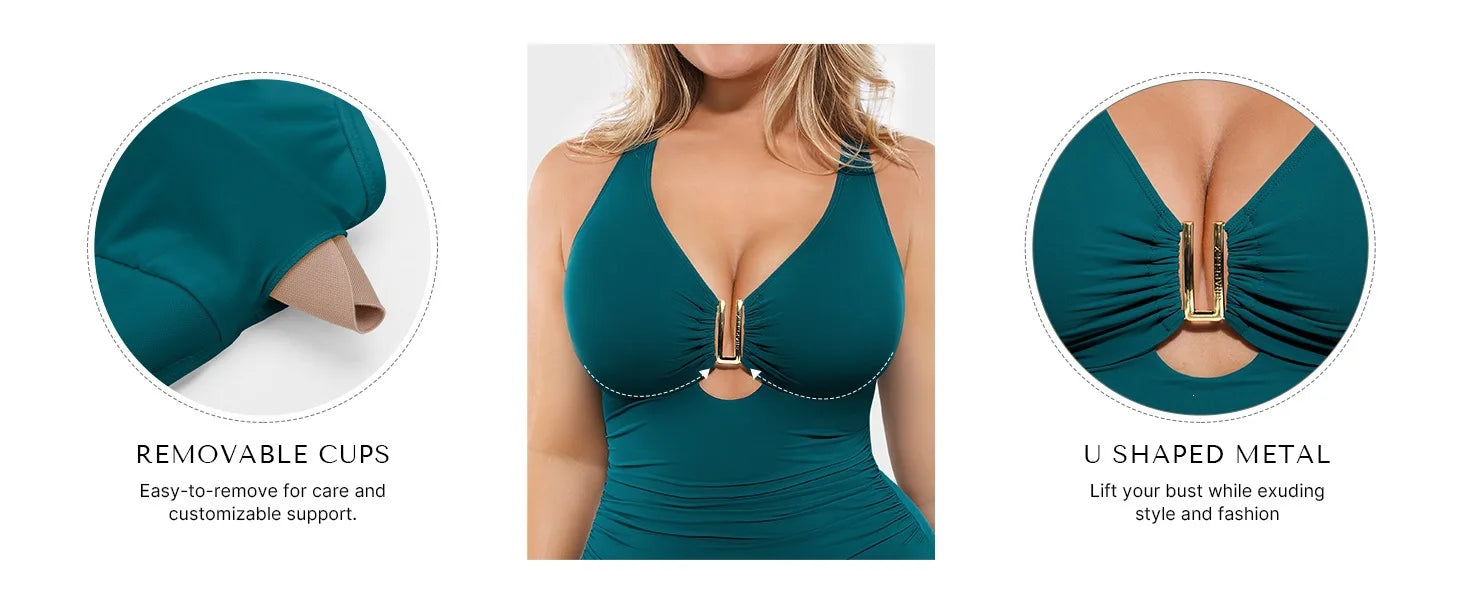 Slimming One-Piece Swimsuit Women's U-Neck Hollow out Embellished Shaping Swimwear Conservative Pure Color Polyester Fabric